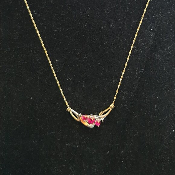 Elegant Vintage 10K White & Yellow Gold Genuine Ruby Diamond Necklace - Picture 10 of 14